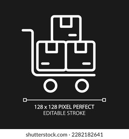 Delivery cart pixel perfect white linear icon for dark theme. Warehouse equipment. Parcels transportation. Thin line illustration. Isolated symbol for night mode. Editable stroke. Arial font used