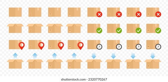 Delivery carton box vector design set. Cardboard box package open and closed with fragile signs graphic design. Carton delivery packaging, moving, transportation, delivery icons