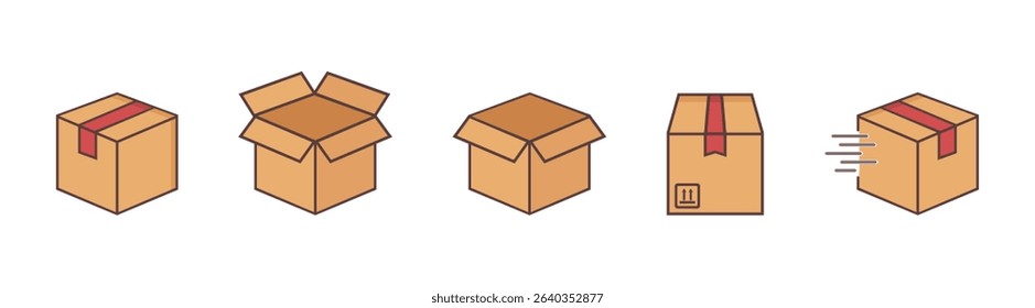 Delivery carton boxes set. Containing open cardboard, fast delivery box, container, parcel protection, storage, good packing, product shipping, merchandise