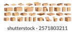 Delivery carton boxes set. Open and closed cardboard packages for storage, shipment. Isometric empty blank packs for cargo, food, gift. Realistic flat vector illustration isolated on white background