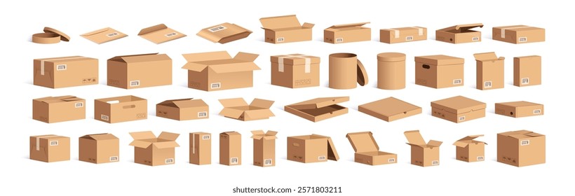 Delivery carton boxes set. Open and closed cardboard packages for storage, shipment. Isometric empty blank packs for cargo, food, gift. Realistic flat vector illustration isolated on white background