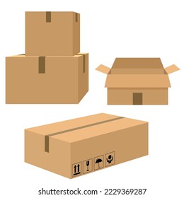 Delivery carton containers or mail boxes. Set. Box with fragile signs. Cardboard box mockup set. Open and closed cardboard box. Trucking, delivery, logistics, packaging. Vector illustration.