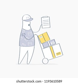 Delivery, cartoon deliveryman in cap with boxes, on the cart waiting for signing to give packages to recipient. Shipment, transportation, logistic. Flat outline vector illustration on white.