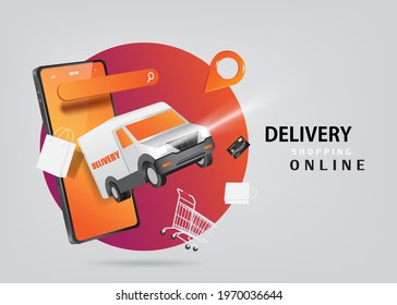 Delivery carts, shopping carts, shopping bags, and credit cards splash out of the smartphone,for delivery and shopping online concept,vector 3d isolated for promotion online sale