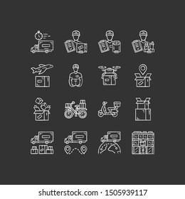 Delivery chalk icons set. Express goods shipping. Logistics and distribution industry. Cargo, freight shipment. Courier postal service. Isolated vector chalkboard illustrations