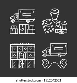 Delivery chalk icons set. Heavy goods shipping, food delivery courier, post office. Cargo transportation truck. Shipment vehicle. Isolated vector chalkboard illustrations