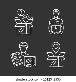 Delivery chalk icons set. Parcel packing, deliveryman, order shipping and tracking. Shipment service. Logistics and distribution. Isolated vector chalkboard illustrations