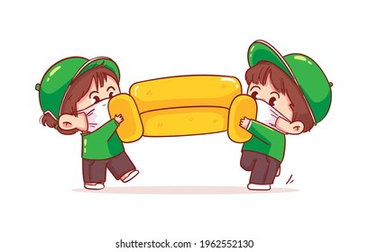 Delivery character man movers carry sofa, Moving service cartoon art illustration