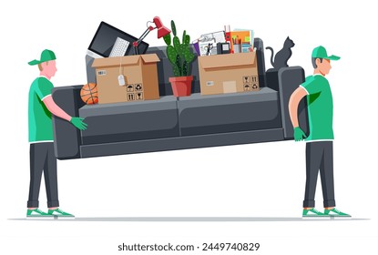 Delivery character man movers carry sofa with household items. Porters carry couch isolated. Moving company with loaders and furniture. Delivery relocation service. Flat vector illustration