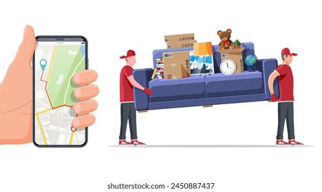 Delivery character man movers carry sofa and smartphone with map app. Porters carry couch isolated. Moving company with loaders and furniture. Delivery relocation service. Flat vector illustration