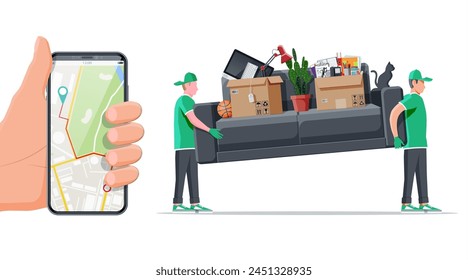 Delivery character man movers carry sofa and smartphone with map app. Porters carry couch isolated. Moving company with loaders and furniture. Delivery relocation service. Flat vector illustration