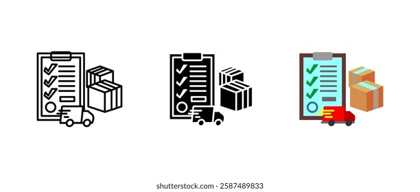 Delivery checklist icon. Shipping and logistics sign. Parcel inventory symbol. Cargo management pictogram. Order tracking illustration. Supply chain concept.