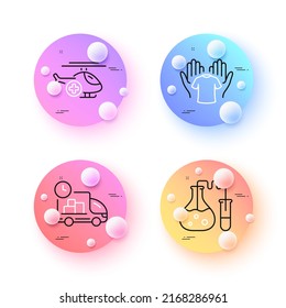 Delivery, Chemistry lab and Hold t-shirt minimal line icons. 3d spheres or balls buttons. Medical helicopter icons. For web, application, printing. Fast service, Laboratory, Laundry shirt. Vector