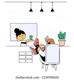 Entrega de comida china. El concepto de pedir comida en casa. El tipo recibe su orden del mensajero, fideos chinos. El joven ordenó que la comida china se llevara a casa. Ilustración vectorial de material. 