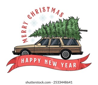 Delivery Christmas tree flyer colorful fir on SUV and wish for happy New Year for holiday goods store vector illustration