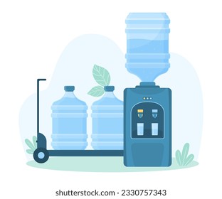 Delivery of clean water for office cooler vector illustration. Cartoon cart with portable plastic bottles, reusable gallons for filling modern dispenser machine for drinking cold and hot water