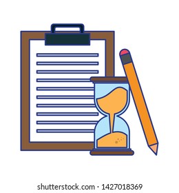 Delivery clipboard with hourglass and pencil symbols vector illustration graphic design