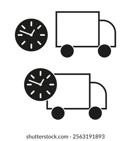 Delivery clock icon. Truck and time symbol. Shipping vector image. Black and white design.