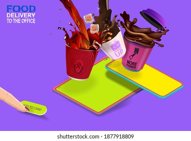 Delivery of coffee to the office. Various drinks in cups and a mobile phone with a tablet. Vector banner