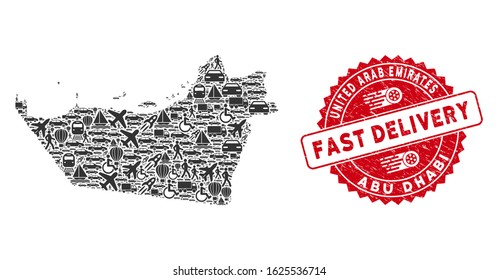 Delivery collage Abu Dhabi Emirate map and distressed stamp watermark with FAST DELIVERY message. Abu Dhabi Emirate map collage formed with grey random shipping elements.