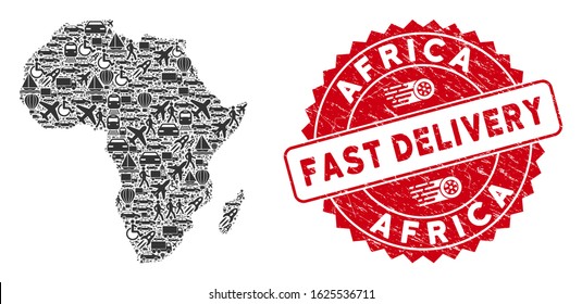 Delivery collage Africa map and distressed stamp watermark with FAST DELIVERY text. Africa map collage created with grey scattered shipment items.