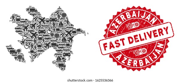 Delivery collage Azerbaijan map and grunge stamp seal with FAST DELIVERY text. Azerbaijan map collage composed with grey scattered transport elements.