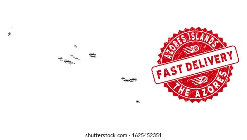 Delivery collage Azores Islands map and corroded stamp seal with FAST DELIVERY message. Azores Islands map collage constructed with gray scattered shipping icons.