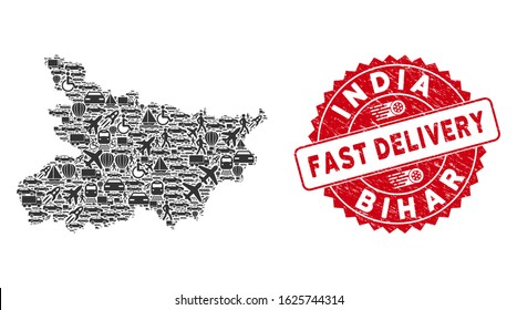 Delivery collage Bihar State map and corroded stamp seal with FAST DELIVERY words. Bihar State map collage constructed with gray scattered logistics icons.