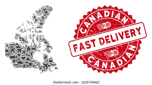 Delivery collage Canada v2 map and corroded stamp seal with FAST DELIVERY phrase. Canada v2 map collage constructed with gray random deliver symbols.