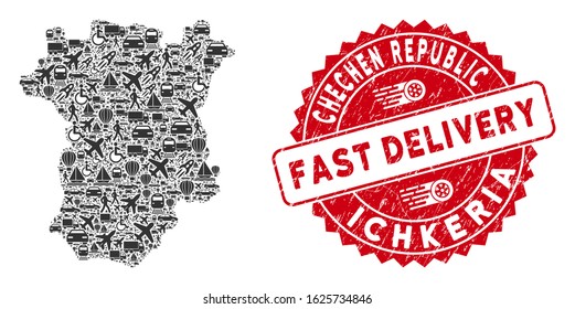 Delivery collage Chechnya map and distressed stamp seal with FAST DELIVERY caption. Chechnya map collage formed with gray randomized car icons. Red round FAST DELIVERY seal stamp with dirty texture.