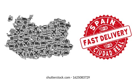 Delivery collage Ciudad Real Province map and rubber stamp seal with FAST DELIVERY phrase. Ciudad Real Province map collage formed with grey randomized vehicle icons.