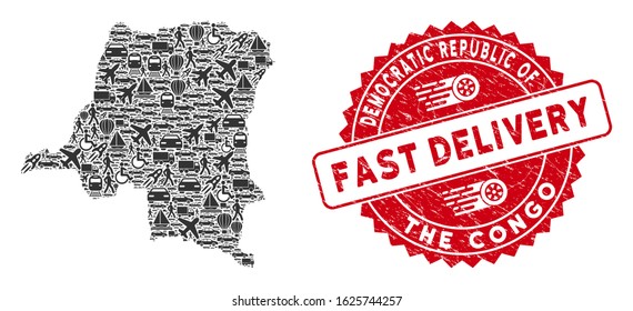 Delivery collage Democratic Republic of the Congo map and grunge stamp watermark with FAST DELIVERY words. Democratic Republic of the Congo map collage composed with grey scattered logistics items.