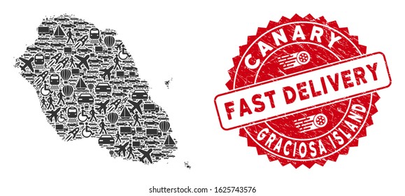 Delivery collage Graciosa Island map and rubber stamp watermark with FAST DELIVERY caption. Graciosa Island map collage designed with grey randomized vehicle elements.