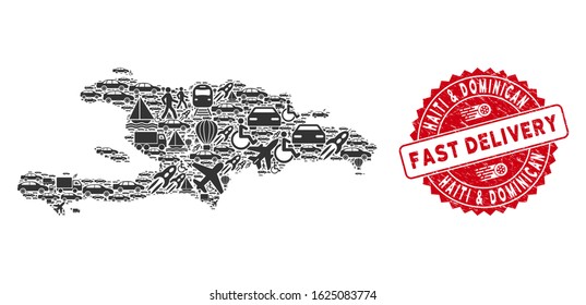 Delivery collage Haiti and Dominican Republic map and grunge stamp seal with FAST DELIVERY badge. Haiti and Dominican Republic map collage formed with grey randomized shipment elements.