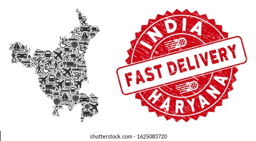 Delivery collage Haryana State map and grunge stamp seal with FAST DELIVERY text. Haryana State map collage designed with grey random delivery elements.