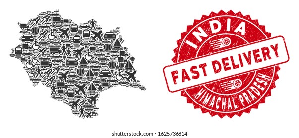 Delivery collage Himachal Pradesh State map and grunge stamp seal with FAST DELIVERY message. Himachal Pradesh State map collage constructed with grey random deliver items.