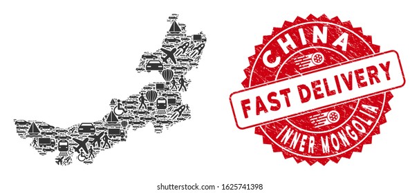 Delivery collage Inner Mongolia map and grunge stamp watermark with FAST DELIVERY text. Inner Mongolia map collage composed with grey scattered transportation symbols.