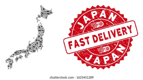 Delivery collage Japan map and grunge stamp watermark with FAST DELIVERY text. Japan map collage created with grey scattered logistics icons. Red round FAST DELIVERY stamp with grunge texture.