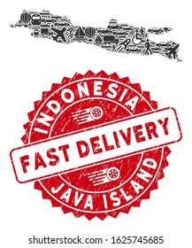 Delivery collage Java Island map and distressed stamp seal with FAST DELIVERY words. Java Island map collage created with grey randomized automobile symbols.