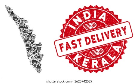 Delivery collage Kerala State map and distressed stamp seal with FAST DELIVERY badge. Kerala State map collage constructed with grey scattered traffic items.