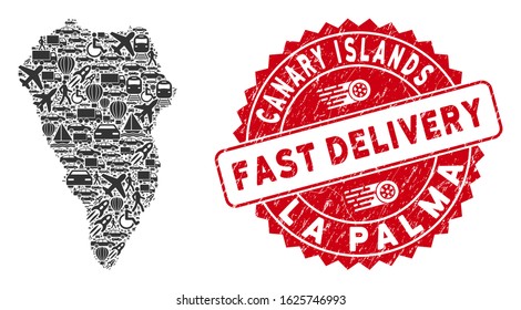 Delivery collage La Palma Island map and grunge stamp watermark with FAST DELIVERY caption. La Palma Island map collage constructed with grey scattered traffic items.