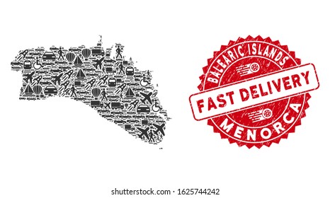 Delivery collage Menorca Island map and distressed stamp seal with FAST DELIVERY words. Menorca Island map collage constructed with gray randomized logistics items.