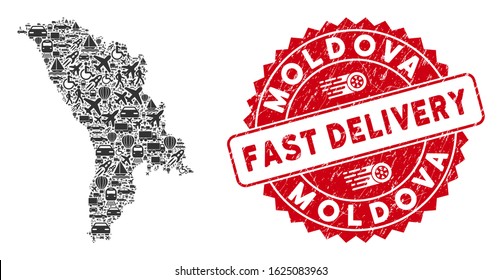 Delivery collage Moldova map and distressed stamp seal with FAST DELIVERY badge. Moldova map collage designed with grey random car symbols. Red round FAST DELIVERY seal stamp with unclean texture.
