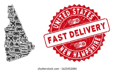 Delivery collage New Hampshire State map and rubber stamp seal with FAST DELIVERY phrase. New Hampshire State map collage designed with grey random travel elements.