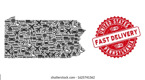 Delivery collage Pennsylvania State map and distressed stamp seal with FAST DELIVERY phrase. Pennsylvania State map collage composed with grey random vehicle elements.