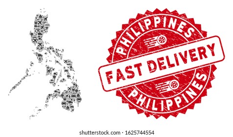 Delivery collage Philippines map and corroded stamp watermark with FAST DELIVERY caption. Philippines map collage designed with grey random lorry items.