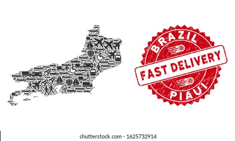Delivery collage Piaui State map and rubber stamp seal with FAST DELIVERY badge. Piaui State map collage composed with grey random shipping icons. Red round FAST DELIVERY seal with scratched texture.