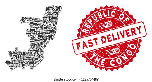 Delivery collage Republic of the Congo map and grunge stamp seal with FAST DELIVERY text. Republic of the Congo map collage created with gray randomized transportation items.