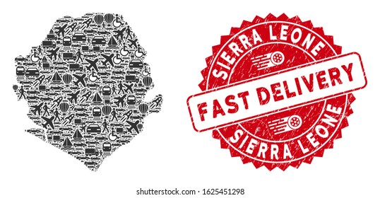 Delivery collage Sierra Leone map and rubber stamp seal with FAST DELIVERY badge. Sierra Leone map collage created with gray scattered shipment items.