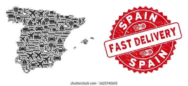 Delivery collage Spain map and rubber stamp seal with FAST DELIVERY message. Spain map collage created with grey random delivery symbols. Red round FAST DELIVERY seal with grunge texture.